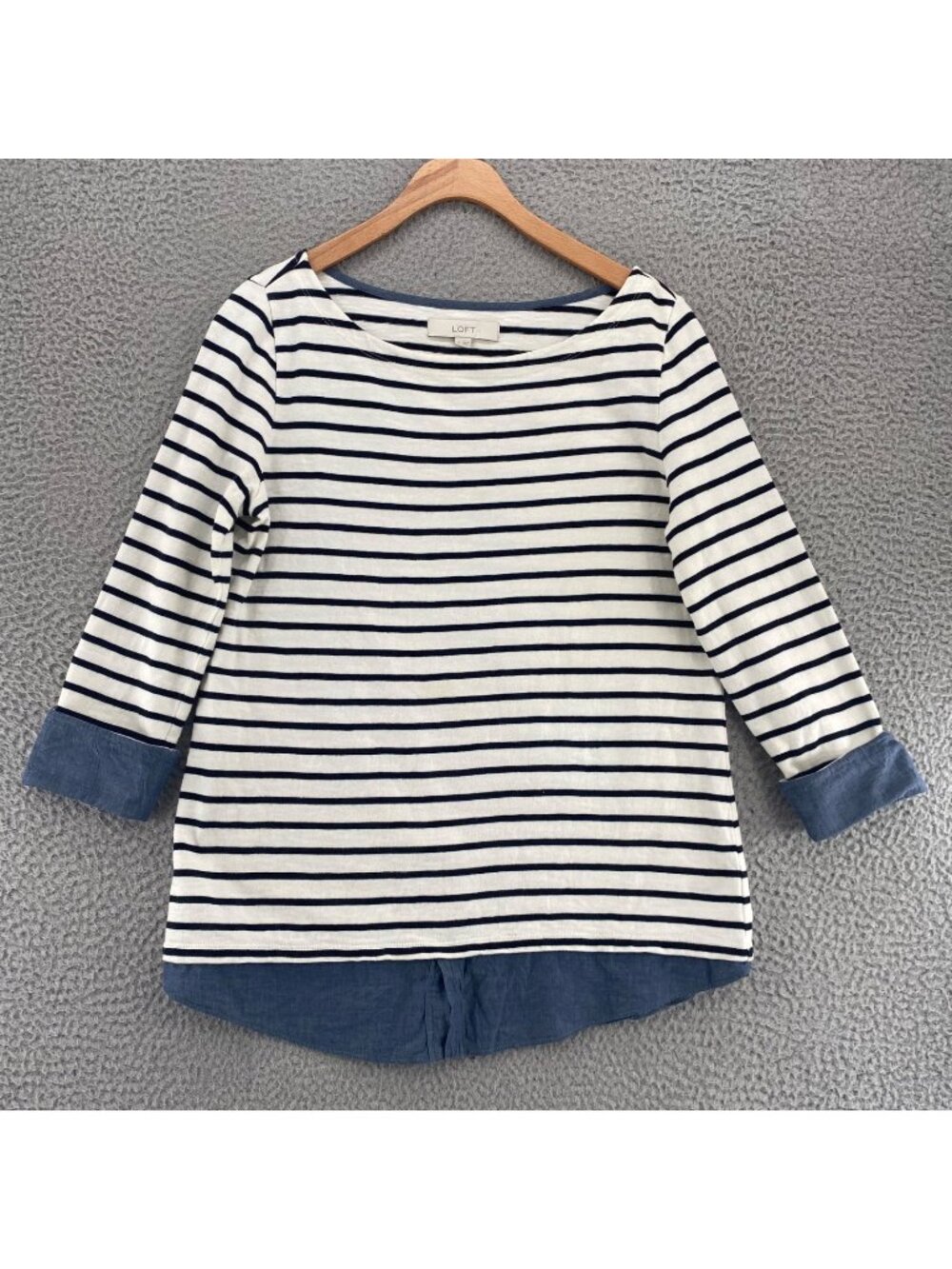 LOFT Top Womens Medium White Black Striped Knit Cotton Tee Boat Neck Shirt Hem